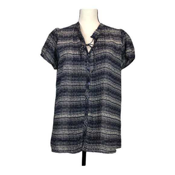 Gap Factory Navy Blue Cream Striped Sheer Tie-Front Blouse Women Size M Medium - Picture 1 of 6